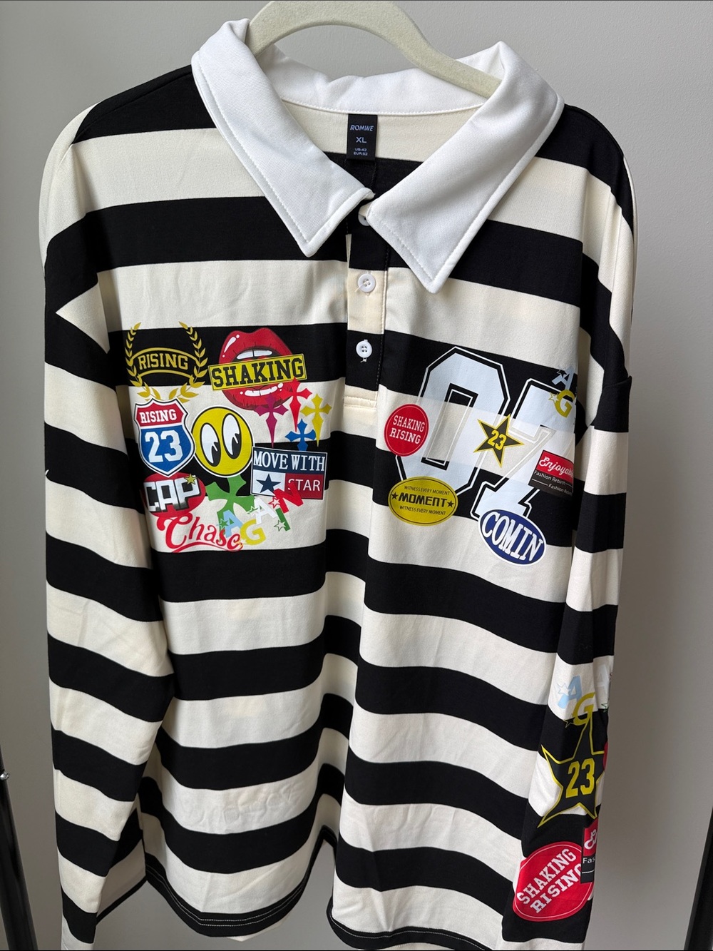 ROMWE Black & White Striped Polo with Colorful Graphic Patches